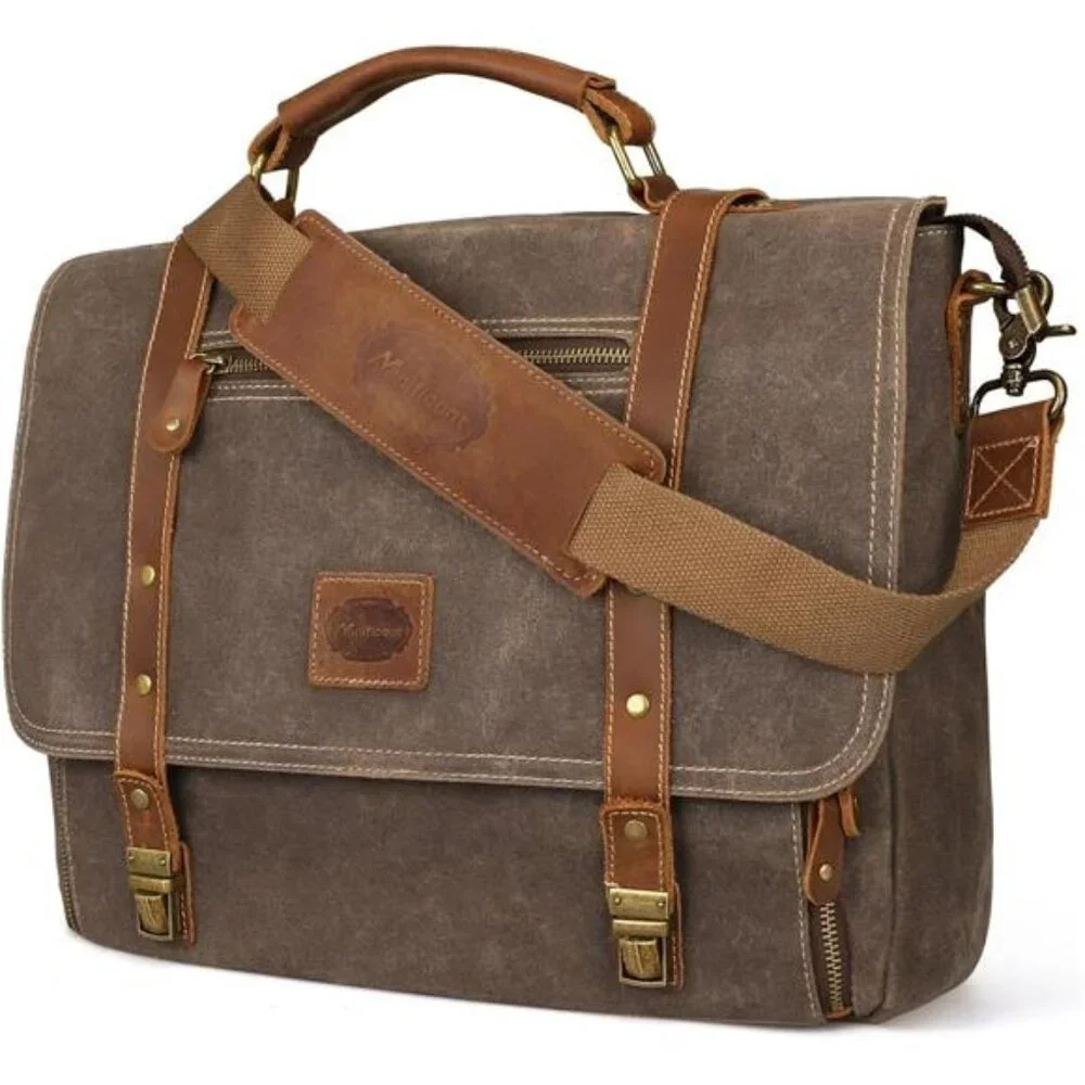 Laptop Messenger bag 15.6 Inch Waterproof Vintage Genuine Leather Mens Brown